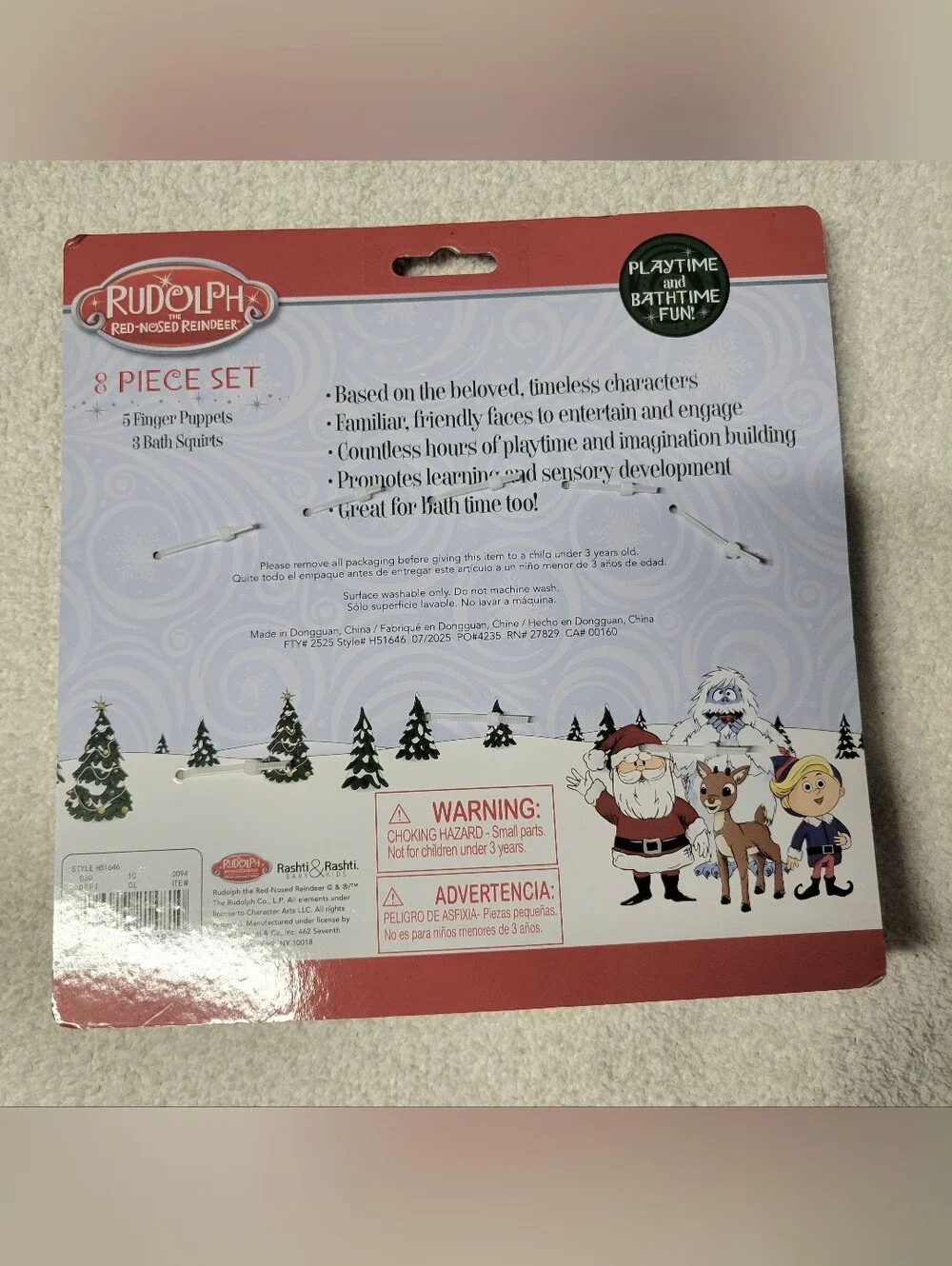 Rudolph the Red-Nosed Reindeer 8 Piece Set Finger Puppets Bath Squirts Toys NEW